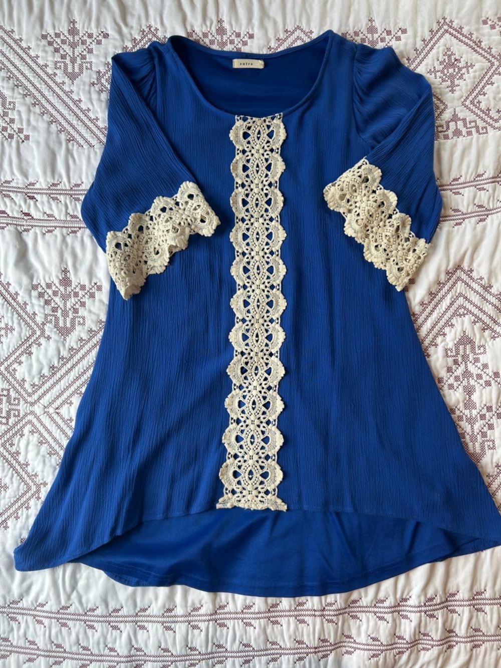 entro Royal Blue High-Low Dress with Cream Crochet Trim and Short Bell Sleeves